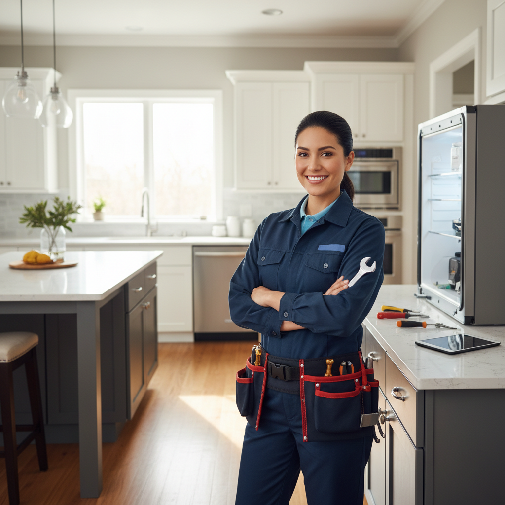 Professional appliance repair technician in a bright kitchen