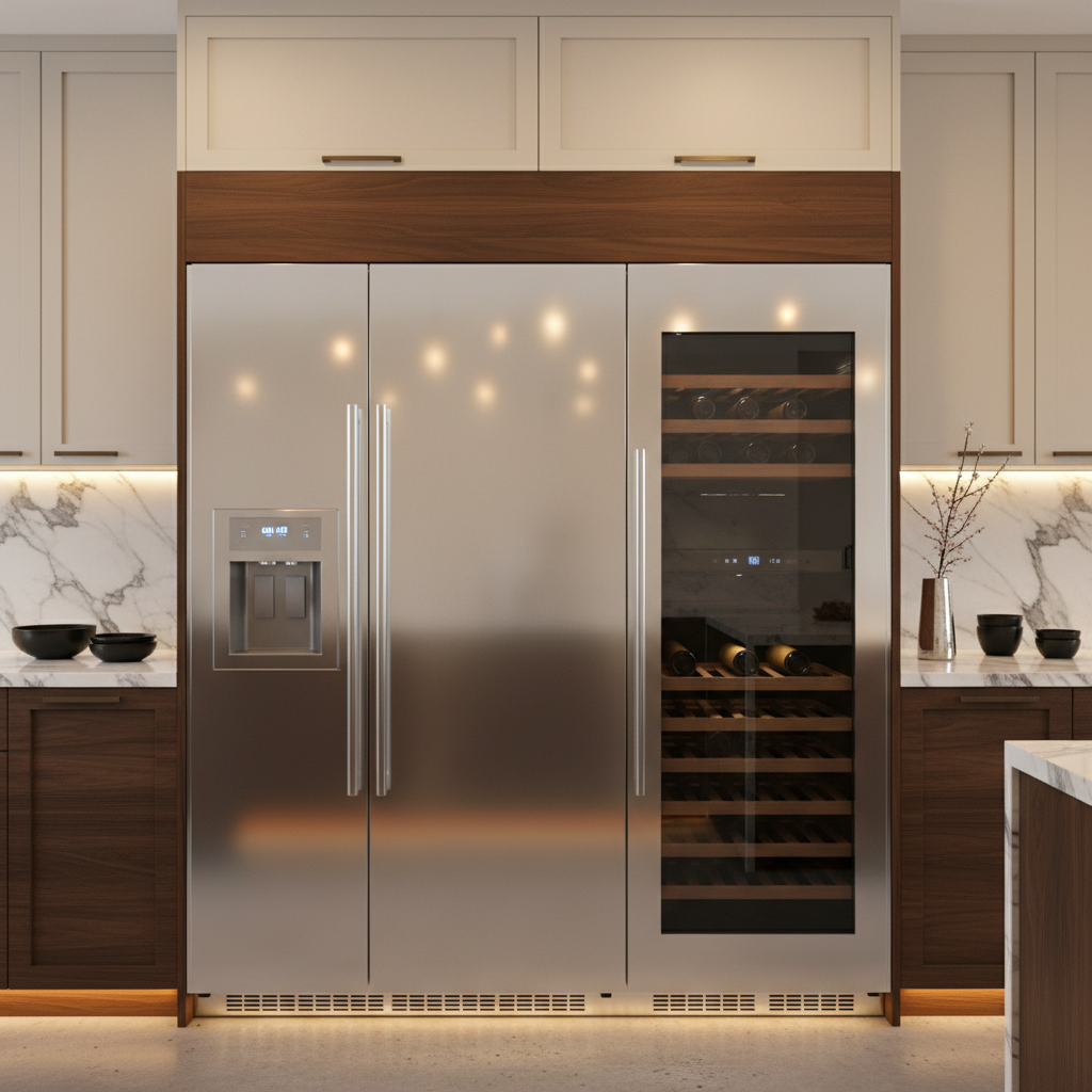Premium built-in refrigerator and wine cooler in a modern kitchen