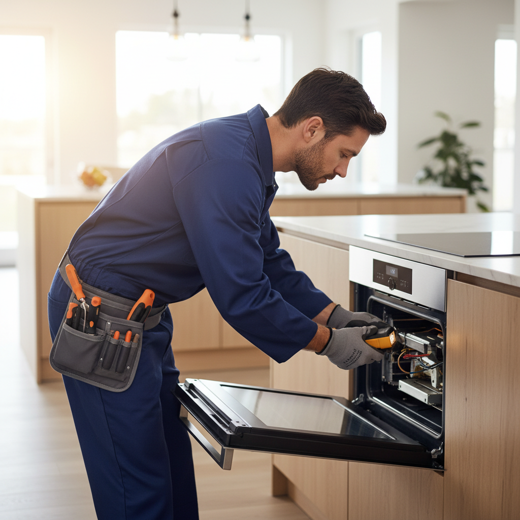 Technician repairing a built-in appliance in a modern kitchen